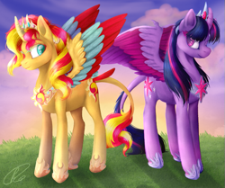 Size: 687x573 | Tagged: safe, artist:misstulcadhiel, sunset shimmer, twilight sparkle, twilight sparkle (alicorn), alicorn, classical unicorn, pony, alicornified, jewelry, leonine tail, race swap, regalia, shimmercorn