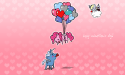 Size: 1280x768 | Tagged: safe, artist:spikysofia, derpy hooves, pinkie pie, pokey pierce, pegasus, pony, balloon, cloud, cupid, female, male, mare, mouth hold, pokeypie, shipping, straight, then watch her balloons lift her up to the sky, valentine, wallpaper