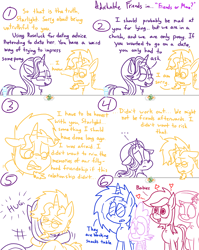 Size: 1280x1611 | Tagged: safe, artist:adorkabletwilightandfriends, dj pon-3, lily, lily valley, roseluck, spike, starlight glimmer, sunburst, vinyl scratch, dragon, pony, comic:adorkable twilight and friends, adorkable friends, carrot, comic, female, food, hug, lilyspike, lineart, male, shipper on deck, shipping, slice of life, starburst, straight