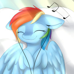 Size: 2000x2000 | Tagged: safe, artist:dbleki, derpibooru import, rainbow dash, pegasus, pony, cloud, cute, dashabetes, earbuds, eyes closed, female, floppy ears, happy, listening, mare, music, music notes, on back, smiling, solo, sunshine, wings