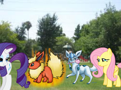 Size: 1024x767 | Tagged: safe, fluttershy, rarity, pegasus, pony, unicorn, crossover, flareon, glaceon, pokémon