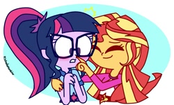 Size: 1223x745 | Tagged: safe, artist:psychodiamondstar, sci-twi, sunset shimmer, twilight sparkle, equestria girls, legend of everfree, blushing, boop, clothes, eyes closed, female, lesbian, open mouth, scitwishimmer, shipping, smiling, sunscreen, sunsetsparkle