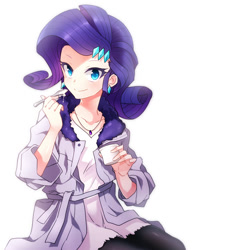 Size: 750x819 | Tagged: dead source, safe, artist:megarexetera, rarity, human, colored pupils, female, humanized, looking at you, pudding, simple background, smiling, solo, white background