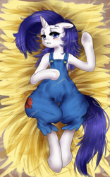 Size: 684x1096 | Tagged: safe, artist:php96, rarity, pony, semi-anthro, unicorn, simple ways, crying, droopy drawers, farmfilly, hay, impossibly wide hips, on back, overalls, rarihick, rarihips, solo, wide hips