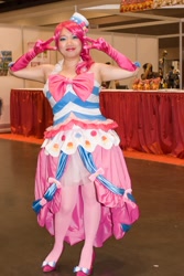 Size: 720x1080 | Tagged: safe, pinkie pie, human, clothes, cosplay, dress, evening gloves, gala dress, irl, irl human, japan expo usa, photo, solo