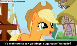 Size: 1600x973 | Tagged: safe, applejack, earth pony, pony, comic:celestia's servant interview, caption, interview, meta