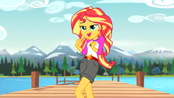 Size: 1920x1080 | Tagged: safe, screencap, sunset shimmer, equestria girls, legend of everfree, clothes, embrace the magic, lake, lidded eyes, open mouth, shorts, singing, solo