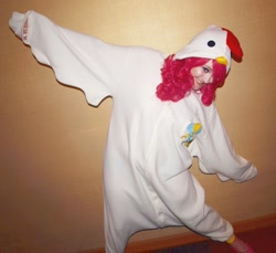 Size: 1280x1170 | Tagged: safe, artist:charmsandpandas, pinkie pie, human, animal costume, chicken pie, chicken suit, clothes, cosplay, costume, irl, irl human, kigurumi, photo, solo, tekkoshocon