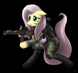 Size: 1070x1000 | Tagged: safe, artist:mirapony, fluttershy, alien, pegasus, pony, gun, marine, military, parody, solo, weapon