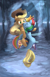 Size: 600x925 | Tagged: safe, artist:bakuel, derpibooru import, applejack, rainbow dash, pony, seapony (g4), appledash, boop, cowboy hat, duo, female, hat, lesbian, rainbutt dash, seaponified, seapony applejack, seapony rainbow dash, shipping, smiling, species swap, underwater