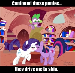 Size: 600x583 | Tagged: safe, derpibooru import, rarity, spike, twilight sparkle, dragon, pony, unicorn, and then spike was a man, blushing, confound these ponies, eyes closed, female, image macro, kissing, lesbian, lesbian in front of boys, male, meme, raised tail, rarilight, shipping, tail