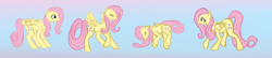 Size: 2687x580 | Tagged: safe, artist:versimer, fluttershy, pegasus, pony, cute, eyes closed, frown, gradient background, on side, open mouth, raised hoof, raised leg, sleeping, smiling, solo, spread wings, walking