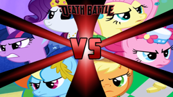 Size: 750x421 | Tagged: safe, derpibooru import, edit, edited screencap, editor:jdueler11, screencap, applejack, fluttershy, pinkie pie, rainbow dash, rarity, twilight sparkle, earth pony, pegasus, pony, unicorn, the best night ever, clothes, death battle, dress, exploitable meme, gala dress, mane six, meme