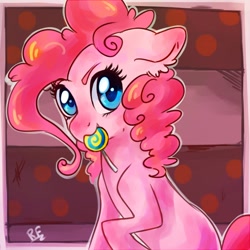 Size: 700x700 | Tagged: source needed, useless source url, safe, artist:renaifoxi, pinkie pie, earth pony, pony, candy, food, looking at you, mouth hold, solo