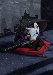 Size: 800x1121 | Tagged: safe, artist:hewison, rarity, pony, unicorn, city, female, gun, hitman, hooves, horn, lying down, mare, one eye closed, optical sight, pillow, rain, rifle, sniper rifle, solo, umbrella, weapon