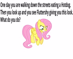 Size: 5000x4000 | Tagged: safe, fluttershy, pegasus, pony, anti-bronybait, bronybait, hot dog, solo, text