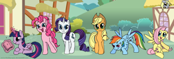 Size: 5000x1718 | Tagged: safe, artist:redapropos, derpibooru import, applejack, derpy hooves, fluttershy, pinkie pie, rainbow dash, rarity, twilight sparkle, twilight sparkle (alicorn), alicorn, earth pony, pegasus, pony, unicorn, female, mane six, mare