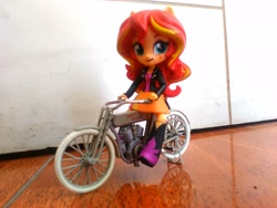 Size: 2592x1944 | Tagged: safe, sunset shimmer, equestria girls, bicycle, boots, clothes, cute, doll, equestria girls minis, harley davidson, irl, jacket, leather jacket, photo, skirt, solo, toy