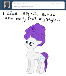 Size: 680x780 | Tagged: safe, artist:moonblizzard, rarity, pony, unicorn, alternate hairstyle, ask, rarity answers, solo, tumblr
