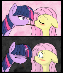 Size: 1379x1600 | Tagged: safe, artist:thattagen, derpibooru import, fluttershy, twilight sparkle, unicorn twilight, pegasus, pony, unicorn, abstract background, blushing, comic, eye contact, eyes closed, female, floppy ears, frown, glare, kiss denied, lesbian, lidded eyes, looking at each other, mare, mouth hold, pocky, pocky game, rejection, shipping, shocked, sockypockytwi, twishy, unamused, wide eyes