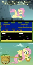 Size: 550x1091 | Tagged: safe, fluttershy, frog, pegasus, pony, artifact, basket, cart, dialogue, frogger