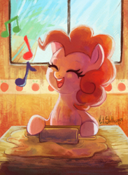 Size: 1097x1500 | Tagged: safe, artist:cuteskitty, pinkie pie, earth pony, pony, backlighting, baking, cooking, cute, diapinkes, dough, eyes closed, music notes, open mouth, rolling pin, singing, solo, table, window