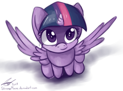 Size: 678x501 | Tagged: safe, artist:strangemoose, derpibooru import, twilight sparkle, twilight sparkle (alicorn), alicorn, pony, female, looking at you, looking up, mare, simple background, smiling, solo