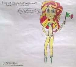 Size: 2691x2368 | Tagged: safe, artist:toonalexsora007, sunset shimmer, equestria girls, boots, bra, clothes, dialogue, flag, hand on hip, mexican, mexican flag, mexican revolution, mexico, panties, solo, spanish, traditional art, underwear