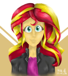 Size: 856x960 | Tagged: safe, artist:olciak135135135, sunset shimmer, equestria girls, abstract background, bust, looking at you, portrait, solo, uncanny valley