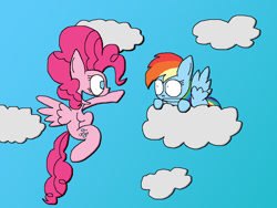 Size: 1024x768 | Tagged: safe, artist:mr. rottson, derpibooru import, pinkie pie, rainbow dash, pegasus, pony, cloud, cloudy, pegasus pinkie pie, race swap, wide eyes