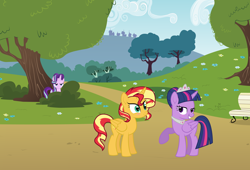 Size: 5244x3569 | Tagged: safe, artist:jitterbases, starlight glimmer, sunset shimmer, twilight sparkle, twilight sparkle (alicorn), alicorn, pony, unicorn, alicornified, blushing, female, high res, lesbian, love triangle, race swap, shimmercorn, shipping, stalker, stalking, sunsetsparkle