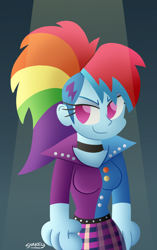 Size: 686x1090 | Tagged: safe, artist:snakeythingy, derpibooru import, rainbow dash, equestria girls, friendship through the ages, rainbow rocks, >:), evil grin, rainbow punk, rockstar, smiling, smirk