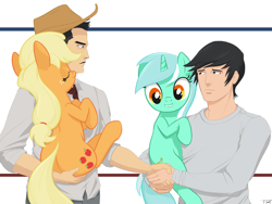 Size: 1500x1125 | Tagged: safe, artist:tex, applejack, lyra heartstrings, oc, oc:tex, earth pony, human, pony, unicorn, brony, colored, female, handshake, holding a pony, lip bite, male