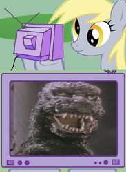 Size: 563x771 | Tagged: safe, derpy hooves, kaiju, pegasus, pony, exploitable meme, female, godzilla, godzilla (series), mare, meme, obligatory pony, tv meme