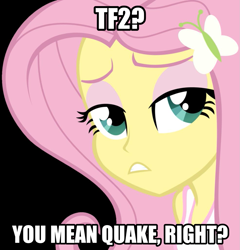 Size: 985x1024 | Tagged: safe, fluttershy, equestria girls, epic gamershy, hipster, hipstershy, image macro, inverted mouth, mlg shy, quake, solo, team fortress 2