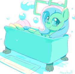 Size: 783x771 | Tagged: safe, artist:mewball, fluttershy, pegasus, pony, bath, bathtub, bubble, claw foot bathtub, looking at you, rug, smiling, solo, water, window