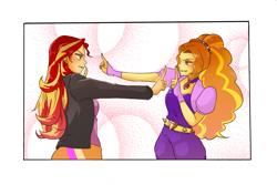 Size: 1500x1000 | Tagged: safe, artist:raika0306, adagio dazzle, sunset shimmer, equestria girls, clothes, female, leather jacket, lesbian, looking at each other, shipping, sunsagio