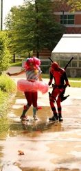 Size: 404x854 | Tagged: safe, artist:chronocrusader5, artist:kawazu13, pinkie pie, human, clothes, cosplay, crossover, deadpool, fingerless gloves, gloves, irl, irl human, jafax, photo, pinkiepool (pairing), splash, tutu, water