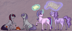 Size: 1784x788 | Tagged: safe, artist:ganashiashaka, maud pie, starlight glimmer, oc, oc:amethyst swirl, oc:chalcocite quartz, earth pony, pony, unicorn, book, curved horn, family, female, lesbian, magic, magical lesbian spawn, map, mare, offspring, parent:maud pie, parent:starlight glimmer, parents:starmaud, shipping, sitting, starmaud, vase