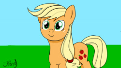 Size: 1280x720 | Tagged: safe, artist:jbond, applejack, earth pony, pony, female, mare, missing accessory, smiling, solo