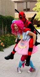 Size: 443x854 | Tagged: safe, artist:chronocrusader5, pinkie pie, human, cosplay, deadpool, irl, irl human, photo, pinkiepool (pairing)