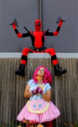 Size: 531x854 | Tagged: safe, artist:chronocrusader5, pinkie pie, human, cosplay, deadpool, gun, irl, irl human, no trigger discipline, photo, pinkiepool (pairing), uzi