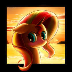 Size: 1000x1000 | Tagged: safe, artist:phoenixperegrine, sunset shimmer, pony, unicorn, backlighting, cute, female, floppy ears, lighthouse, mare, ocean, shimmerbetes, solo, stars, sunset, water