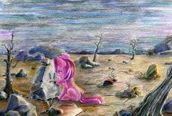 Size: 1500x1013 | Tagged: safe, artist:maytee, pinkie pie, earth pony, pony, drawing, filly, rock, rock farm, sad, solo, traditional art, younger