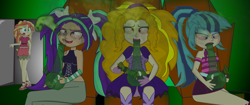 Size: 2560x1080 | Tagged: dead source, safe, artist:soniclegacy1, adagio dazzle, aria blaze, sonata dusk, sunset shimmer, adagio dazzled, aria blazed, bong, drug use, drugs, high, marijuana, sonata dusking, stonedata dusk, the dazzlings