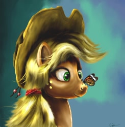 Size: 864x883 | Tagged: safe, artist:reillyington86, applejack, butterfly, earth pony, pony, blonde mane, female, mare, orange coat, solo