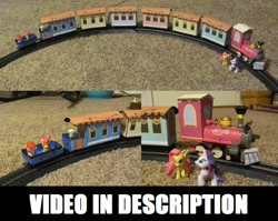 Size: 730x582 | Tagged: source needed, useless source url, safe, artist:boilerwash1, apple bloom, derpy hooves, fluttershy, rarity, twist, pegasus, pony, unicorn, blind bag, female, friendship express, locomotive, mare, model, steam locomotive, toy, train