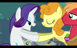 Size: 1680x1050 | Tagged: safe, screencap, big macintosh, carrot top, golden harvest, rarity, earth pony, pony, unicorn, simple ways, hub logo, lidded eyes, male, out of context, stallion