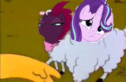 Size: 2040x1328 | Tagged: safe, artist:tjpones, edit, edited screencap, screencap, starlight glimmer, tempest shadow, lamb, pony, sheep, unicorn, my little pony: the movie, 1000 hours in ms paint, broken horn, cute lamb, drama, eye scar, homer simpson, lisa the vegetarian, offscreen character, scar, starlight drama, the simpsons