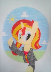 Size: 720x1022 | Tagged: safe, artist:莊博雅, sunset shimmer, pony, equestria girls outfit, solo, traditional art